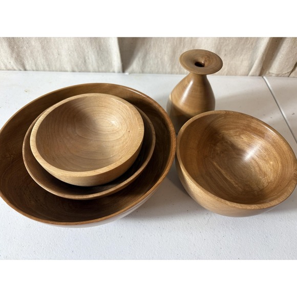 Other - Vintage Hand Turned Wood Bowls Set Signed 2004-2005 Decor Salad Display Vase USA